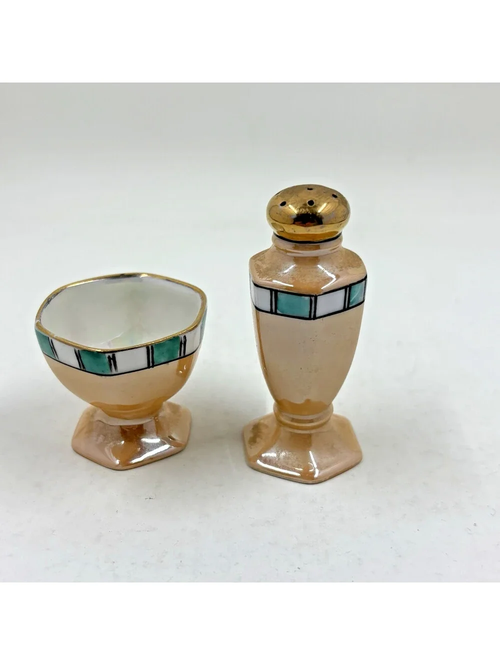 Vintage Japanese Lusterware Art Deco style Salt and Pepper shaker and cup